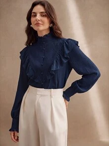 Anewsta Women's New Pink Stand Collar Ruffle Patchwork Lace French Romantic Ruffle Long Sleeve Blouse - Navy Blue - View 4