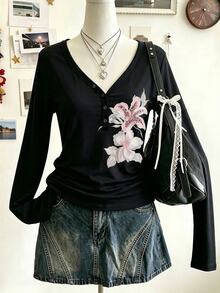 Lalippa 女款休閒花卉印花T恤，秋季 - 彩色 - 查看 1