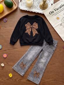 Young Girls Sweatshirt Set, Sweet & Cool Leopard Print Bowknot Outfit, Loose Print Sweatshirt Paired With Flared Pants, & Unique, Versatile 2 Pieces Set For Autumn Outings - Multicolor - View 3
