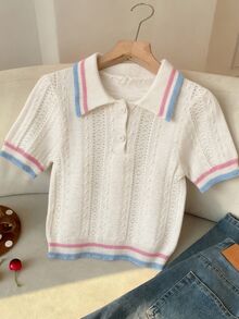 CovetEZ Contrast Trim Polo Neck Knit Top - Multicolor - View 3