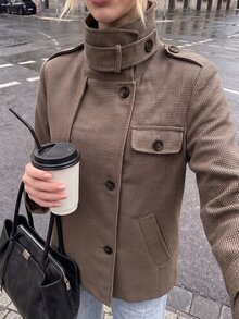Struktiv Women High Neck Epaulet Houndstooth Waist Cinched Wool Blend Jacket - Brown - View 4