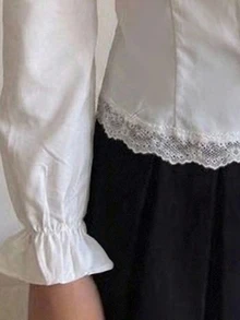 SHEIN 青少年女孩白色襯衫 花瓣袖蕾絲拼接法式甜美風 正式場合內搭外穿日常穿著 - 白色 - 查看 5