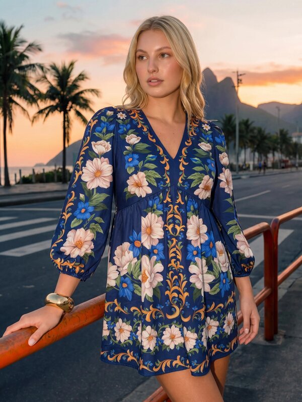 CAJUNI Plus Size Bohemian Floral Print V-Neck Puff Sleeve Mini Dress