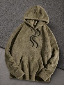 Mainfolk 男士舒適長袖連帽口袋運動衫，冬季款 - 卡其色 - 查看 3
