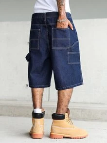 Manfinity Homme Men's Street Style Casual Multi-Pocket Cargo Blue Plus Size Denim Shorts - Dark Wash - View 5