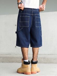 Manfinity Homme Men's Street Style Casual Multi-Pocket Cargo Blue Plus Size Denim Shorts - Dark Wash - View 2