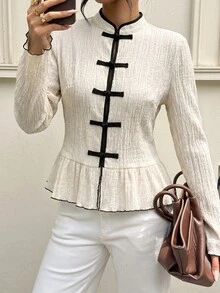 Lavishia Chinese Style Contrast Color Frog Button Elegant Shirt - Apricot - View 3
