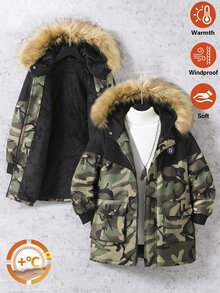 SHEIN 青少年男孩加厚外套，迷彩圖案，連帽毛領設計，時尚舒適，適合秋季與戶外穿著 - 黑色 - 查看 2