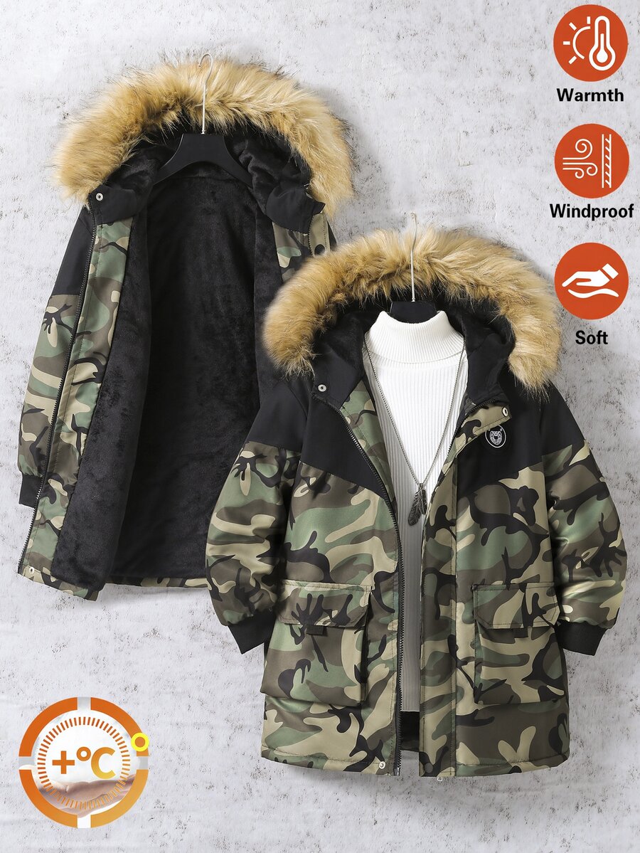 SHEIN 青少年男孩加厚外套，迷彩圖案，連帽毛領設計，時尚舒適，適合秋季與戶外穿著