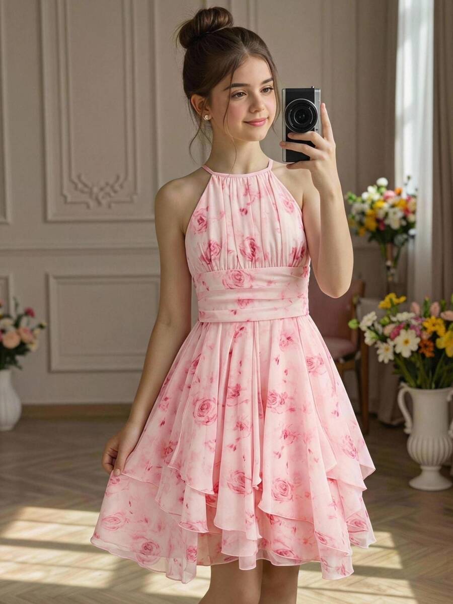 SHEIN Pitira Tween Girl Tween Girls Summer Pink Floral Elegant Halter Neck Sleeveless Asymmetrical Multi-Layer Ruffle Hem Dress, Party, Graduation - Pink - View 1