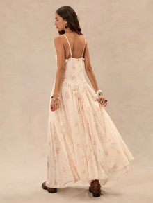 Easelle Vintage Bohemian Floral Print Contrast Lace Cami Dress - Multicolor - View 2