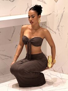 Slaydiva Elegant Spring/Summer Beach Vacation Look: A Tie-Front Strapless Mesh Leopard Print Top And A Fishtail Fitted Maxi Skirt. Also Includes A Women's Leopard Print Semi-Sheer Leopard Print Suit - A - Rust Brown - View 3