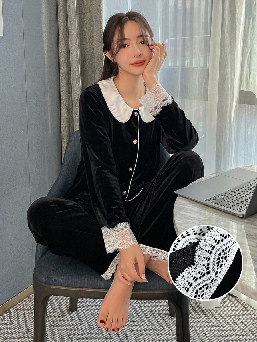 DAZY 2pcs Lace Patchwork Velvet Loose Cardigan Long Sleeve Straight Leg Long Pajama Pants Set, Spring Wear Women's Sleepwear - Black - View 1