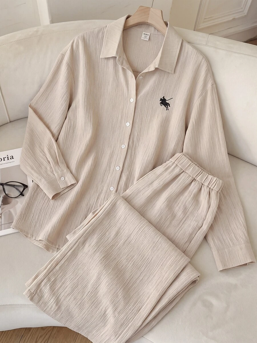 SHEIN 青少年女孩秋季新款杏色刺繡小馬圖案休閒極簡寬鬆長袖上衣與長褲套裝 - 杏色 - 查看 1