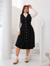 Solflare Büyük Beden Günlük Çok Amaçlı Düz Renk Ön Düğmeli Elbise