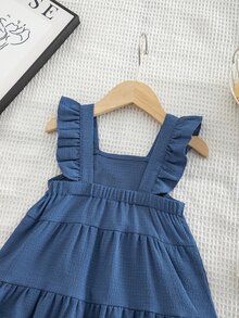SHEIN 1 buah Gaun Tank Tanpa Lengan Gaya Putri Premium Kasual untuk Anak Perempuan dengan Pita - Biru - View 5