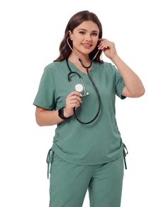 TaskEZ Atasan Seragam Medis Wanita Ukuran Besar Warna Hijau Rumput, Leher V, Lengan Pendek, dengan Detail Kerut dan Tali Serut untuk Memperampingkan Tubuh, serta Desain Hem Melengkung - Hijau - View 6