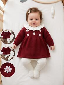 Set 2 Potong Warna Pink untuk Bayi Baru Lahir: Gaun Sweater (Kerah Ruffle + Bordir) + Legging Kasual, Gaya Sederhana dan Manis - Burgundy - View 6
