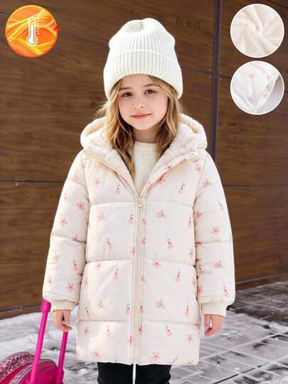 Young Girls Back To School Season Toddler Casual Cute Vintage Ditsy Floral Quilted Hooded Zip-Up Cardigan Soft Padded Coat, Suitable For Outdoor, Autumn/Winter New Arrival