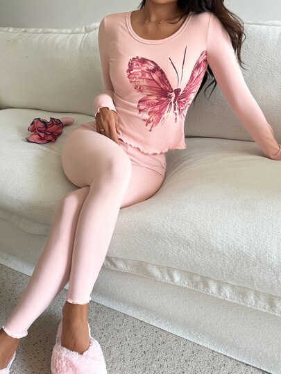 DAZY Butterfly Pattern Slim Fit Long Sleeve Long Pants Autumn Inner Wear Base Layer Autumn/Winter Women's Pajama Set