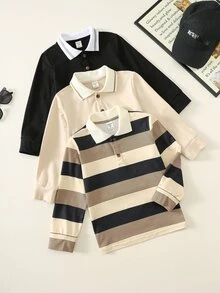 SHEIN 小男孩秋季休閒三件套長袖 Polo 衫 - 彩色 - 查看 3