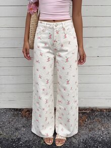 SHEIN Kids Tween Girl Girls' Black Polka Dot White Denim Loose Long Pants - Multicolor - View 4