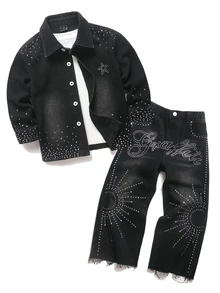 Kids Boys' 2pcs Set Black Denim Casual Long Sleeve Shirt And Pants With Shiny Rhinestone Star & Sun Pattern - Black - View 1