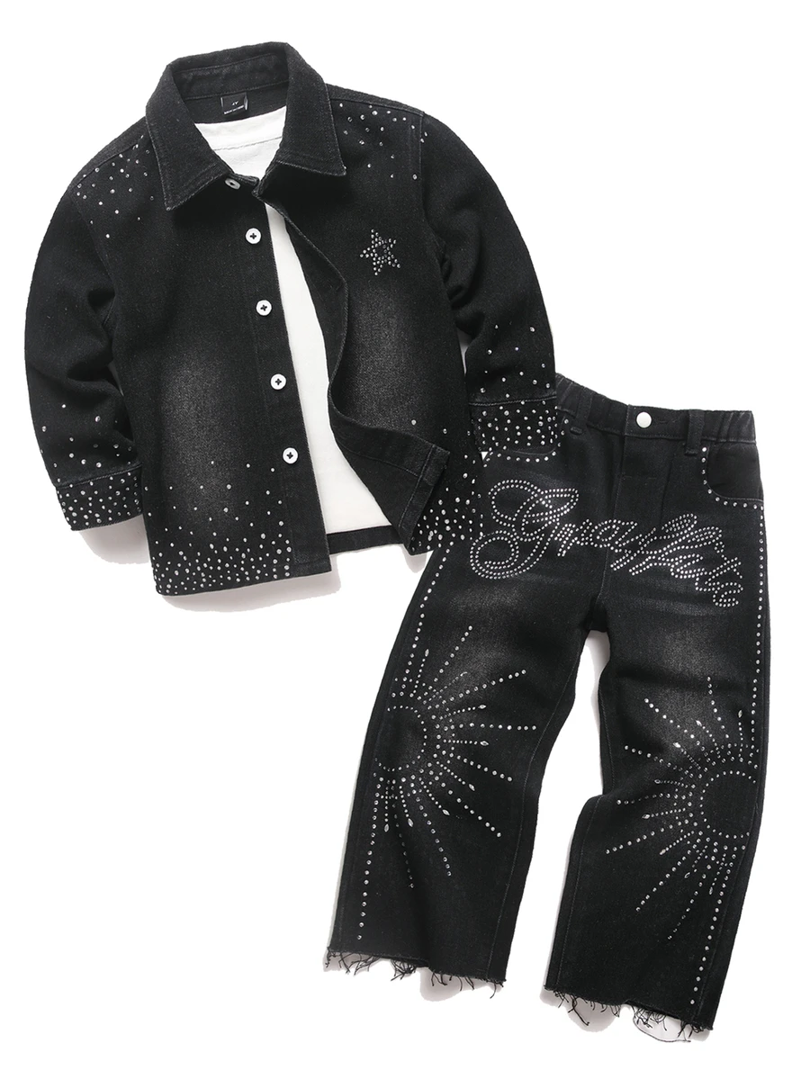 Kids Boys' 2pcs Set Black Denim Casual Long Sleeve Shirt And Pants With Shiny Rhinestone Star & Sun Pattern - Black - View 1