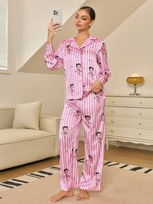 Betty Boop x SHEIN Set Piyama Atasan dan Celana Bergaris Kancing Tunggal untuk Wanita - Berwarna merah muda - View 4