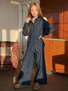 DAZY Tween Girl Loose Casual Long Sleeve Shirt Top + Straight Leg Loose Denim Pants Set Fall - Dark Wash - View 4