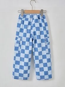SHEIN 男童返校季藍白格紋工裝牛仔長褲，寬鬆休閒秋冬款 - 淺色水洗藍 - 查看 2