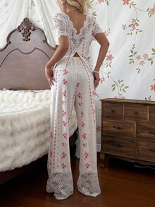 CottageSlumber 2pcs/Set Women's Lace Patchwork Sexy V-Neck Short Sleeve Printed Ribbed Top + Lace Patchwork Sexy Long Pants Pajamas - Multicolor - View 5