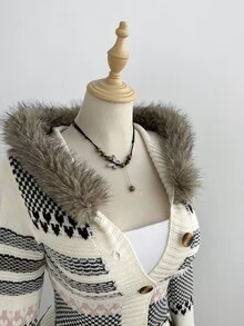 Elamini Women's Fashion Versatile Heavy-Duty Fur Collar Daily Commute Outfit Autumn/Winter Fair Isle Cardigan - Multicolor - View 6