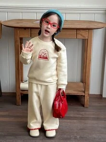 DAZY Infant Girl Round Neck Fleece Lined Cartoon Embroidered Long Sleeve Sweatshirt & Pants Korean Style Casual Autumn/Winter Sweatshirt Set - Apricot - View 7