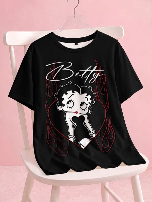 Betty Boop x SHEIN Camiseta casual de manga corta con estampado de letras y dibujos animados para mujer de talla grande