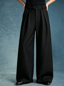 PAVTROS Men's Solid Color Pleated Loose Casual Wide Leg Pants - Black - View 1