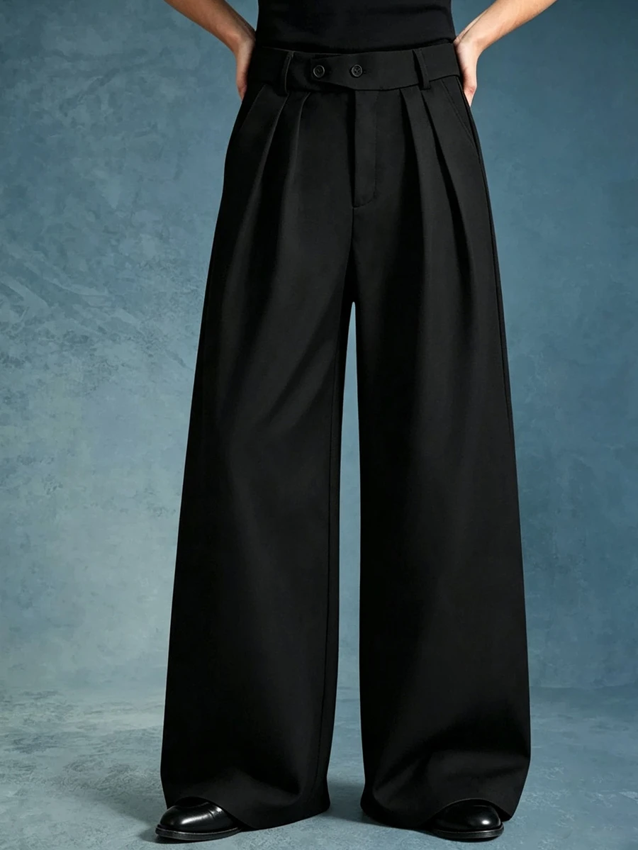 PAVTROS Men's Solid Color Pleated Loose Casual Wide Leg Pants - Black - View 1