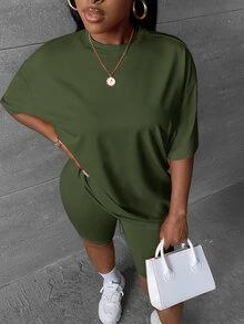 Slaydiva Women's Solid Color Crew Neck Drop Shoulder Sleeve T-Shirt And Shorts Casual Set - Army Green - View 1