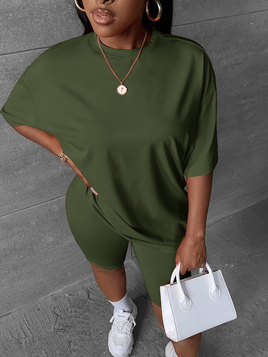 Slaydiva Women's Solid Color Crew Neck Drop Shoulder Sleeve T-Shirt And Shorts Casual Set - Army Green - View 1