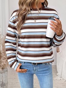 SHEIN LUNE Striped Print Drop Shoulder Sweatshirt - White - View 5
