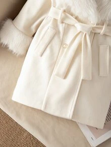 SHEIN Elladie kids جاكيت كاجوال متعدد الاستخدامات للفتيات الصغيرات من القطيفة مع تصميم رقعات وعقدة عند الخصر - بيج - مشاهدة 6