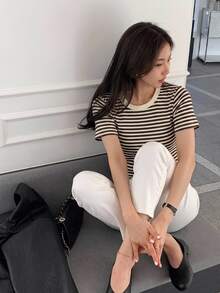 DAZY Women's Striped Short Sleeve T-Shirt, Summer Versatile Loose Round Neck Pullover Top - Rust Brown - View 5