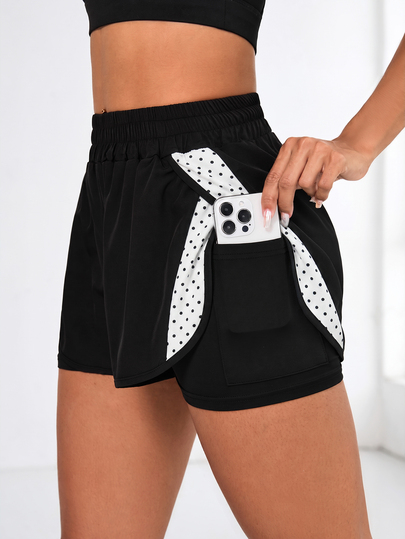 Dewbera Dewbera Women's Polka Dot Print Colorblock Pocket Double Layer Sports Shorts