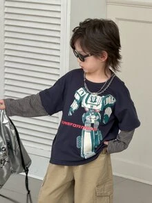 Transformers Evergreen X DAZY Young Boy Loose Casual Straight Leg Striped 2 In 1 Graphic Autumn T-Shirt - Dark Grey - View 6