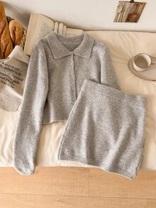 Story & Sage Casual Home & Vacation Women's 2 Pieces Sweater Set, Autumn/Winter Matching Turn-Collar Button-Up Floral Long Sleeve Sweater & Short Skirt Set Wonen - Grey - View 5