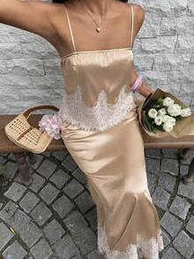 Sunnyshic Women's 2 Pieces Set: Satin Camisole Top & Lace Long Skirt - Champagne - View 5