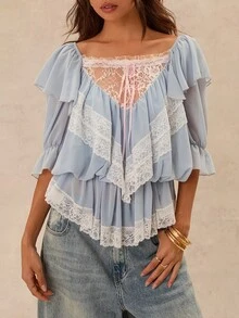Easelle 復古波希米亞風荷葉邊蕾絲拼接收腰女款襯衫 - 藍色 - 查看 4