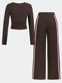 SHEIN Teen Girls Spring Autumn Brown Knitted Textured Fitted Ruched Crew Neck Pink Ribbon Trim Long Sleeve T-Shirt And Wide Leg Pants 2 Pieces Set, Suitable For Autumn Winter Layering - Brown - View 5