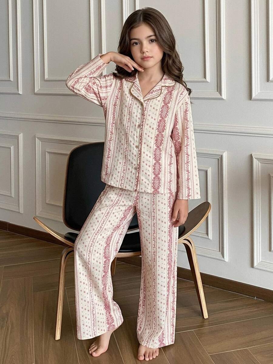 Dazy Kids Tween Girl Long Sleeve Casual Ditsy Floral Loose Straight Leg Top + Straight Leg Casual Pants 2 Pieces Set Loungewear Fall - Beige - View 1