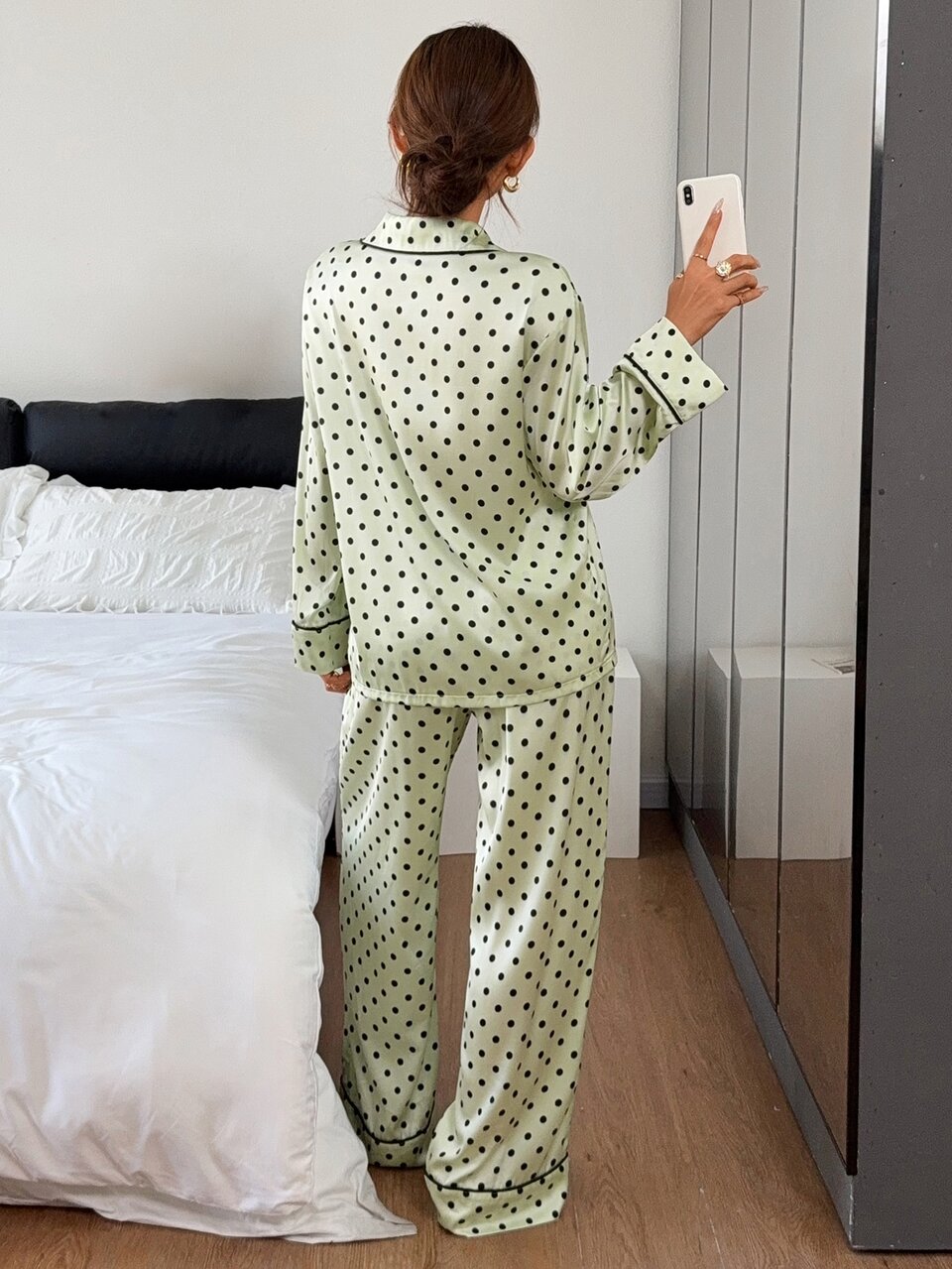 Women's Polka Dot Print Top And Pants Pajama Set